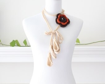 Crochet Beige, Brown Flower Lariat Scarf, Scarflette