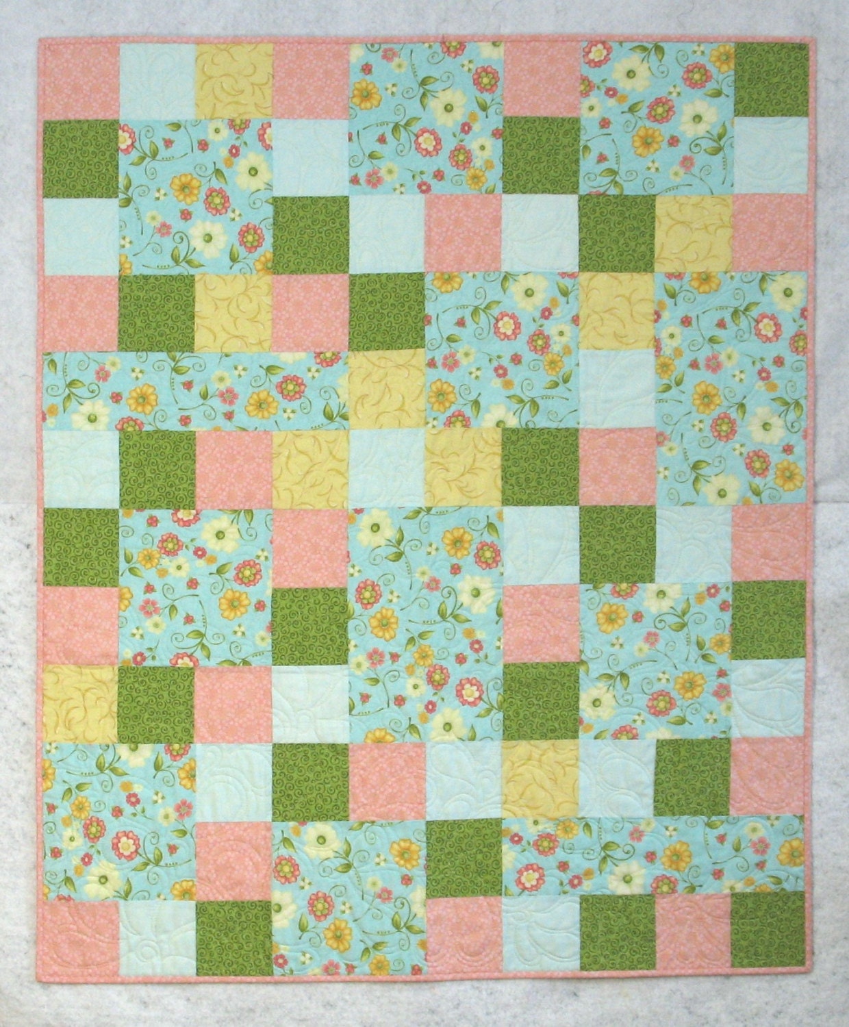 Baby Girl Quilt Peach Aqua Yellow Green 39 x 47 by fabric406