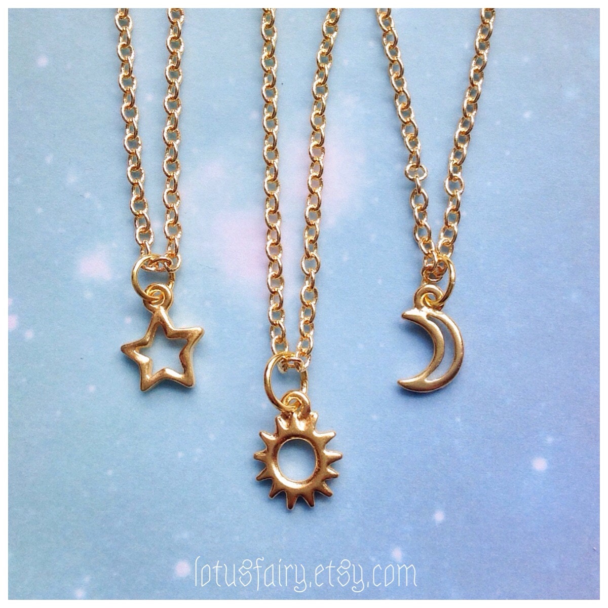 Dainty Gold Sun Moon or Star necklace friendship by lotusfairy