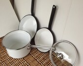 White Enamel Pot Pan Set Cover Black Edging Vintage Fabulous Condition Seem Barely Used!