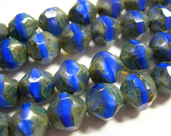 16 9mm Blue Opal Travertine faceted Firepolished Thru Cuts Czech Glass Beads