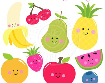 Kawaii Fruit Cute Digital Clipart, Cute Fruit Clip Art, Smiling Fruit Clipart, Fruit Graphics, Apple Clipart, Pear Clipart, Banana, Cherries