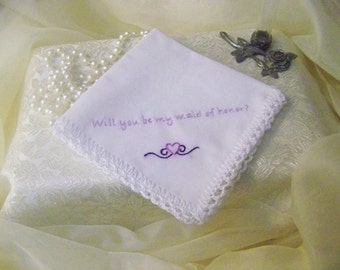 Maid of Honor Handkerchief, Hanky, Hankie, Hand Crochet, Lace, Bridal Party, Embroidered, Personalized, Monogrammed, Purple, Lavender