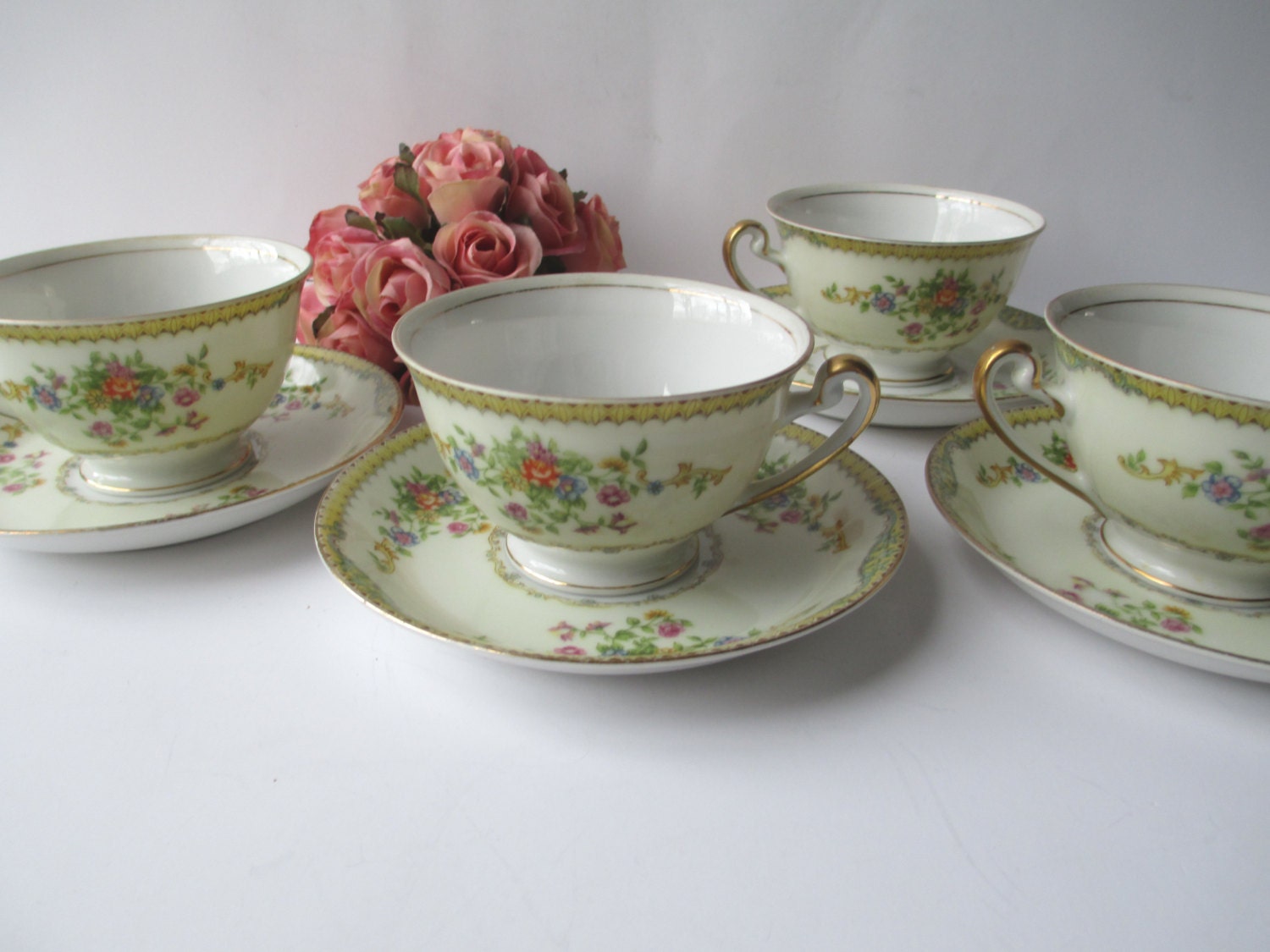 Vintage Newlock China Floral Teacups & Saucers Set of Four ...