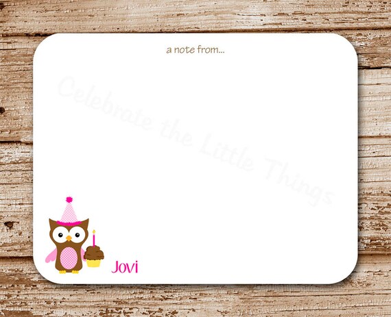 Set of 12 Birthday Owl Note Cards - Cupcake Owl Notecards - Birthday Thank You - Personalized - Girls Stationery - Flat Cards Il_570xn