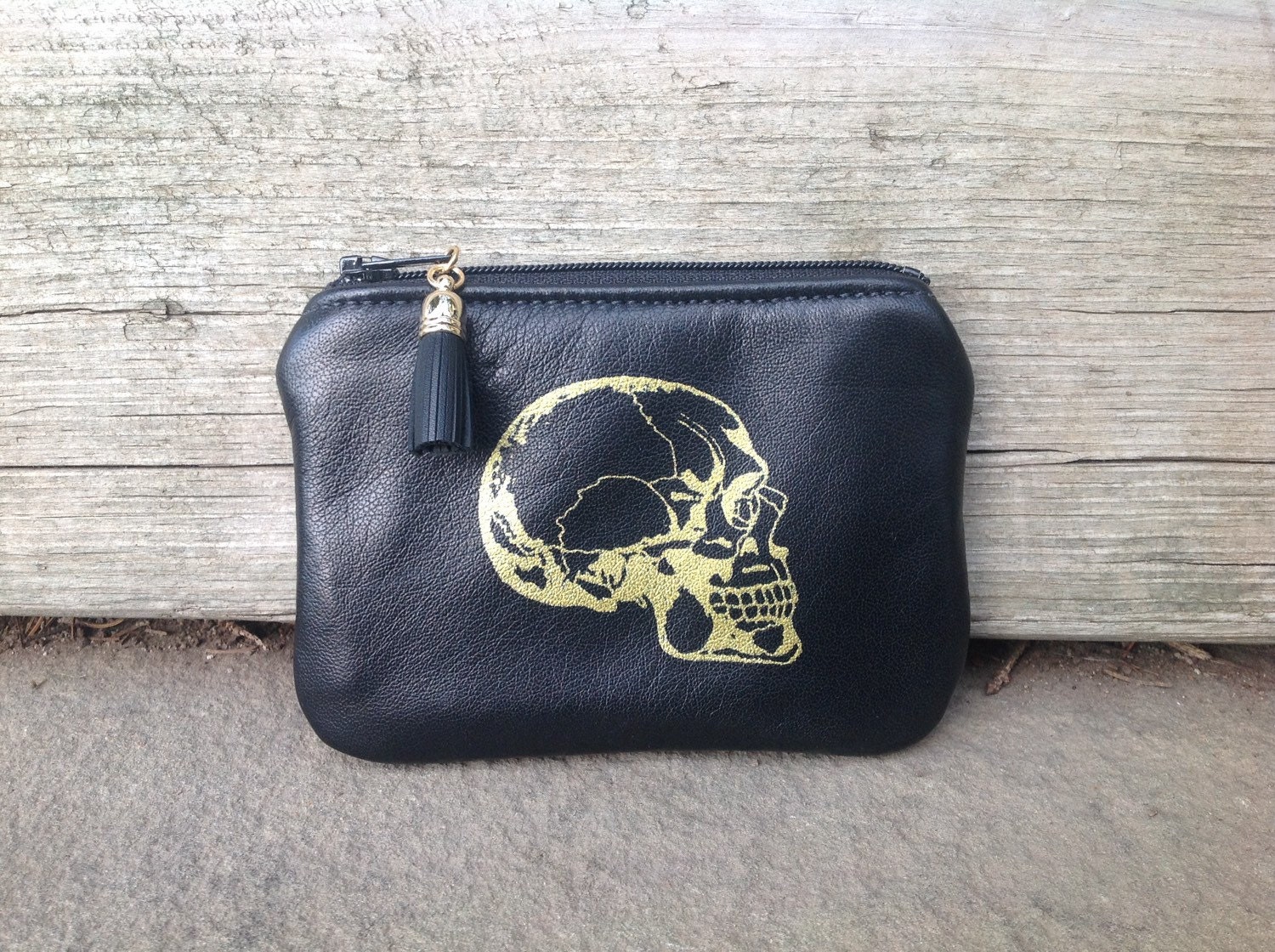 Skull Pouch Leather Pouch Gold Skull Skull Zip Pouch