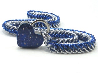 Locking Slave Collar Silver & Blue with Small Blue Heart Shaped Padlock