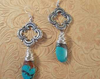 Gemstone Earrings - Howlite Turquoise Teardrops - Silver Plated Findings