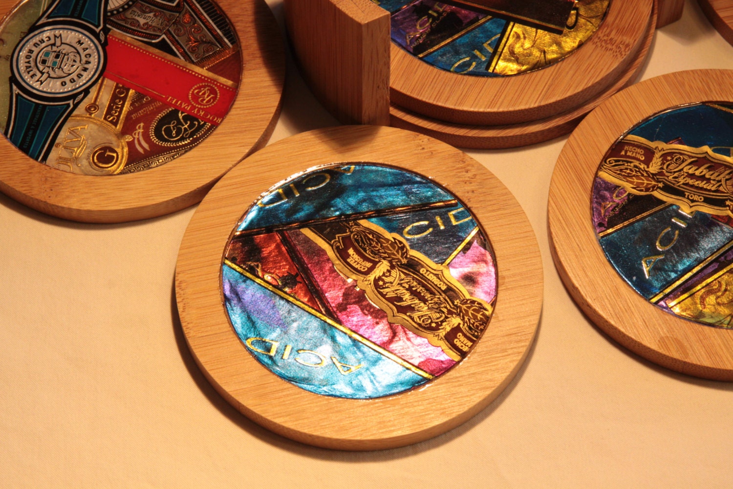 Set of 6 cigar band coasters with holder. Great for by nacholabs