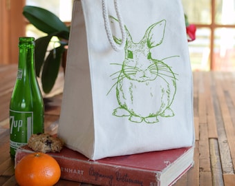 Lunch Bag - Screen Printed Recycled Cotton Lunch Bag - Reusable and Washable - Eco Friendly - Handmade - Lunch Box - Rabbit - Canvas Bag
