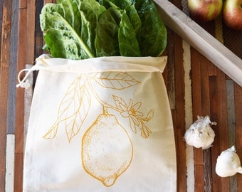 Reusable Cotton Produce Bags - Set of 2 - Screen Printed Natural Cotton Produce Bags - Reusable and Washable - Bulk Grocery Bags - Citrus