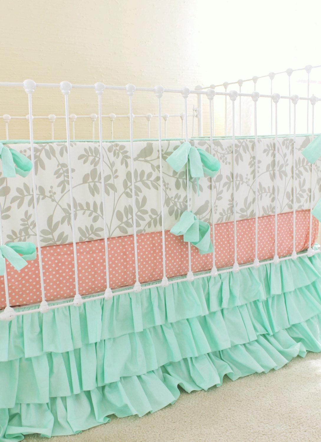 Mint and Gray Crib Bedding Baby Girl Nursery Peach and Mint