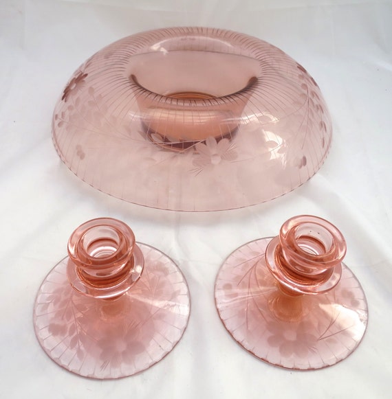 Pink Console Set Rolled Bowl w/ Candlesticks