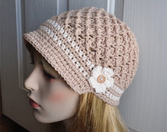 Tan Crochet Newsboy brim hat, Crochet Beanie with flower ...