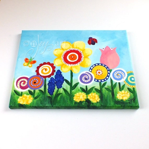 Art for Kids Room FLOWER GARDEN 14x11 Canvas Painting