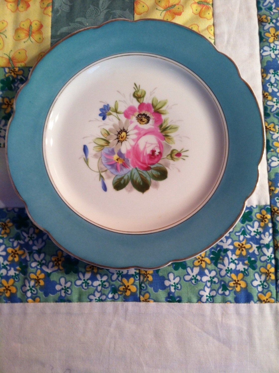 Vintage Blue Rimmed Floral Salad Plate Hand Painted 2027