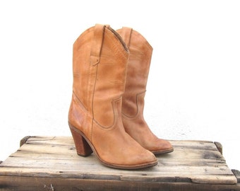 Vintage Woven Tan Leather Heeled Cowboy Boho Boots Size 7.5