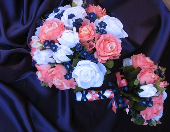  Navy  and Coral Reef Bridal Bouquet Silk Coral Reef and Navy 