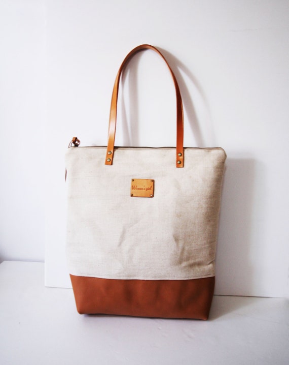 Totes bag cotton linen canvas Totes bag leather by Womensgirl