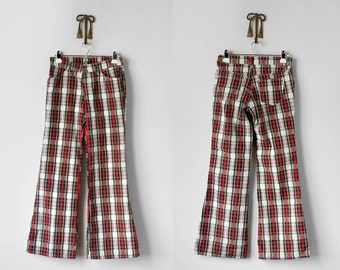 70's plaid pants. 1970 levi's. women's. bell bottoms. xs. red, blue, ivory. 1970's wide leg pants.