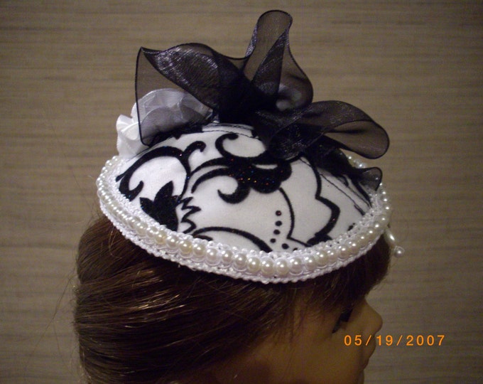 victorian day set in black and white, skirt blouse and hat, satin set, pearl trim, tear dop style hat