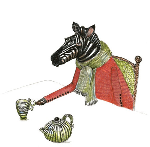 Zebra Print Zebra Tea Time illustration Print 8x11