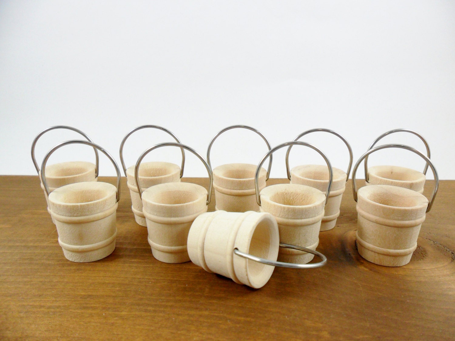 6 Buckets Pails 1 1/8 Unfinished Wood Miniature Wire