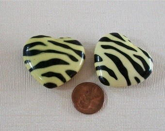 Heart Two Large Pale Yellow Zebra Striped Lucite Beads