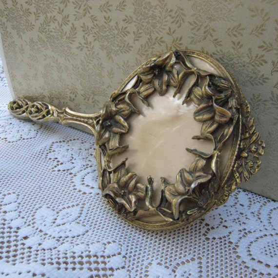 Victorian Vanity Hand Mirror Lily Motif Ornate Feminine