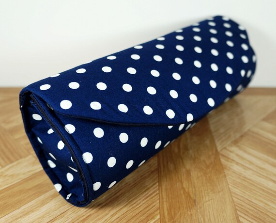 navy and white polka dot clutch bag