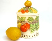 Lefton Fruit Cookie Jar Canister, Orange Green Yellow Lemon, 60s 70s, Cheery Kitchen, 701, Cookies Dog Treats