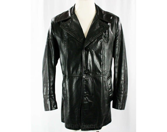 Men's Large Black Leather Jacket 1960s Motown Style