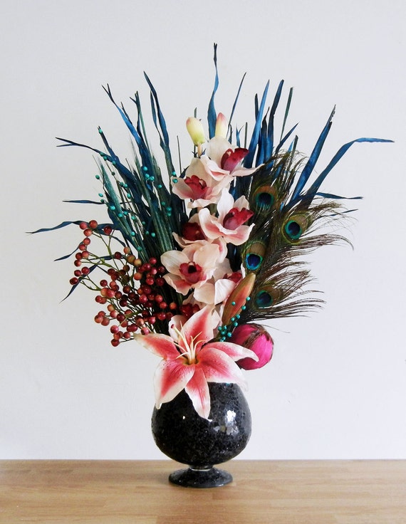 New Tropical Orchid Stargazer Lily And Peacock Feather Flower Arrangement Ebay