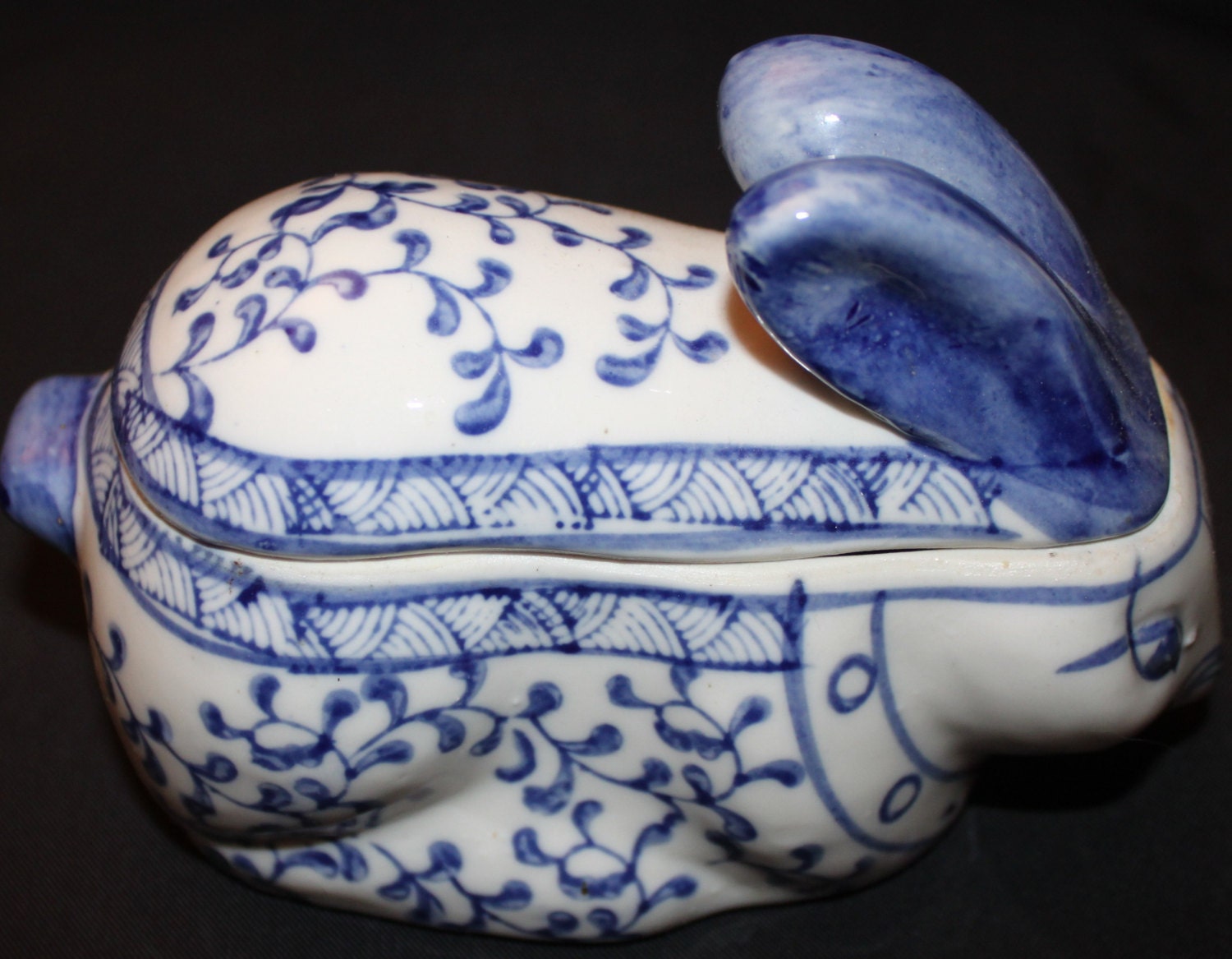 Vintage Blue and White Porcelain Rabbit Figurine with Lid