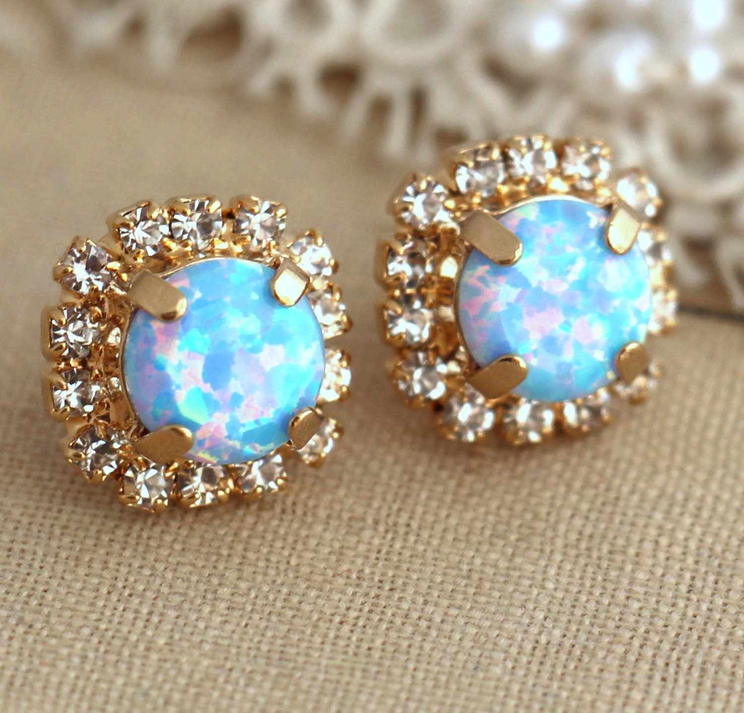 Opal Blue Earringssky Blue Opal Stud Earrings Crystal