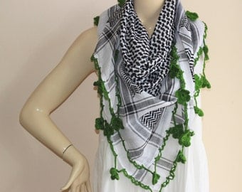 Keffiyeh Scarf -White and Black Square Scarf with Green Crochet Flowers
