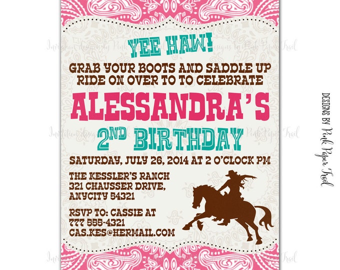 Cowgirl Invitation - Wild West Party - Pink Cowgirl - Customizable - Print your own