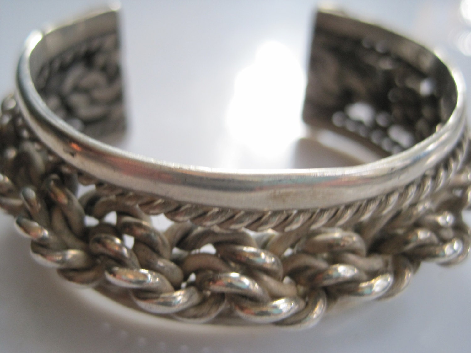 Mexican Cuff Sterling Silver Twisted Rope Braided Bracelet