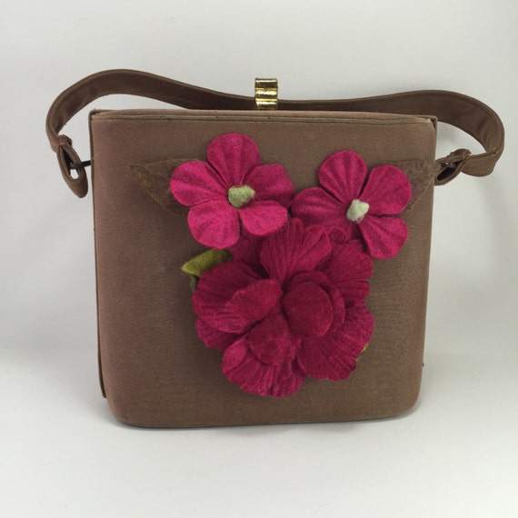 Unique Purse Handbag Pink Flowers Brown Revised Vintage