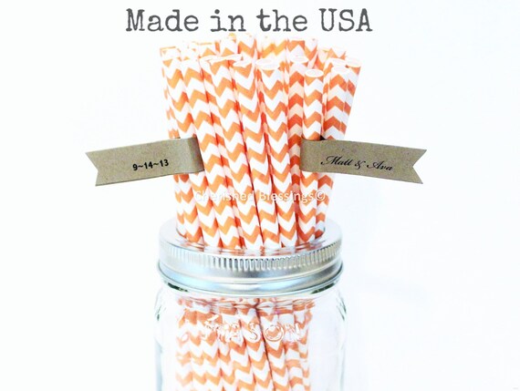 25 Orange Paper Straws, Orange Chevron Striped Cake Pop Sticks Retro Rustic Vintage Straws, Wedding, Baby Shower, Kids Birthday Made in USA Il_570xn
