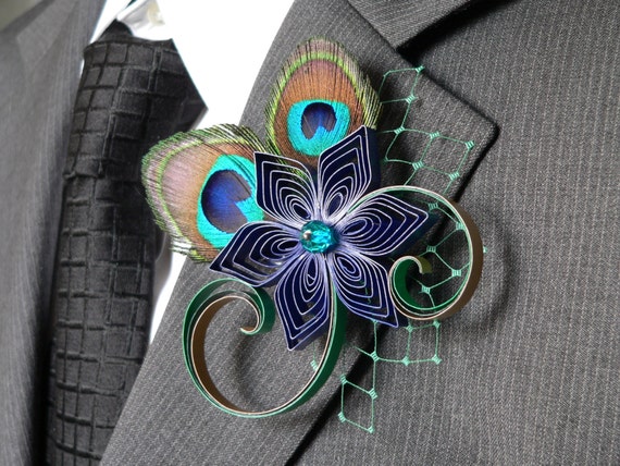 Peacock Boutonniere, Peacock Wedding Flower Pin, Custom Colors Love Accented