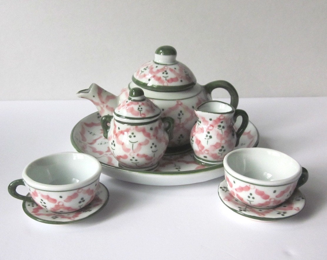 RESERVED Vintage Child’s Porcelain Tea Set, Pink, Green and White