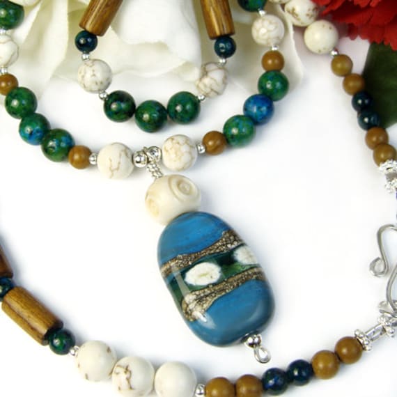 Jasper Wood Necklace, Lampwork Focal, Blue Green Brown, Nature Inspired, Earthy, Handmade