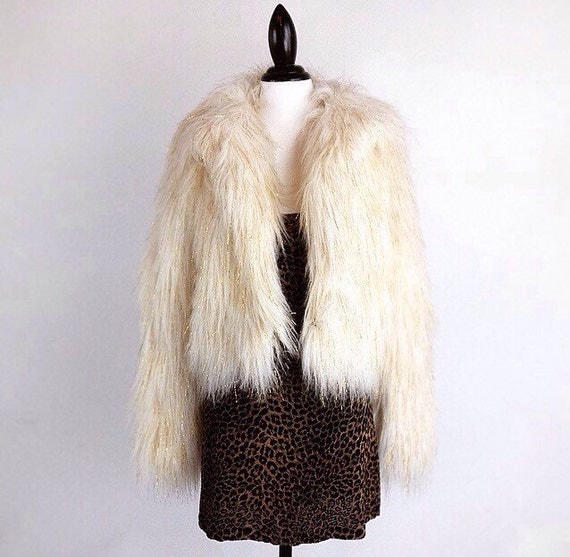 90's Gold Tinsel Glitter Cream Faux Fur Cropped Jacket