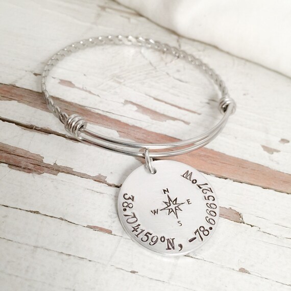 Hand stamped adjustable charm bangle bracelet custom