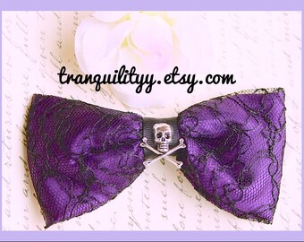 Hair Bow Purple Satin and Lace Skull Hair Bow Psychobilly, Gothic, Scene, Emo, Cyber, Punk, Cosplay , Rave , By: Tranquilityy