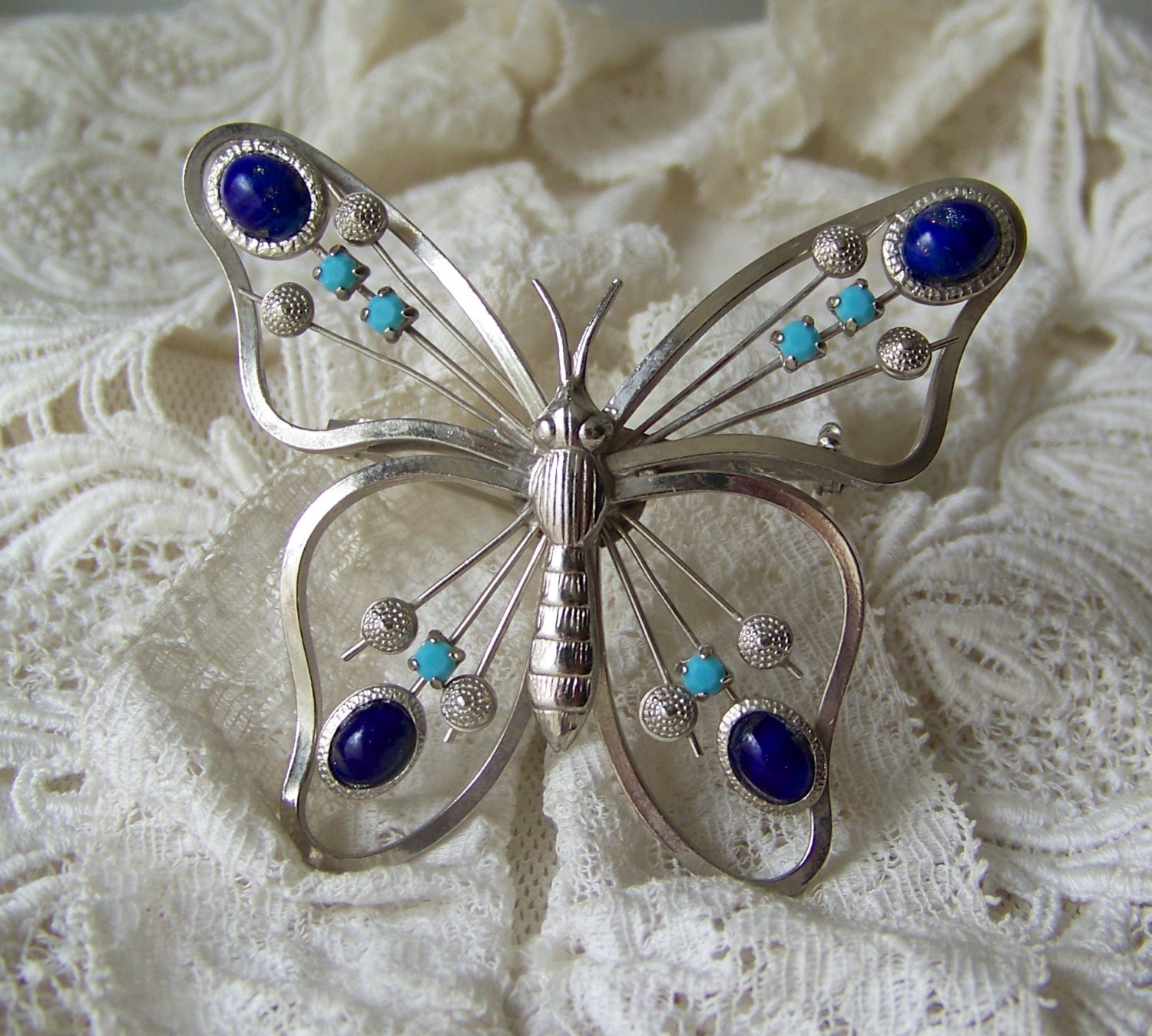 Vintage Butterfly Brooch Turquoise Lapis Lazuli Butterfly Pin