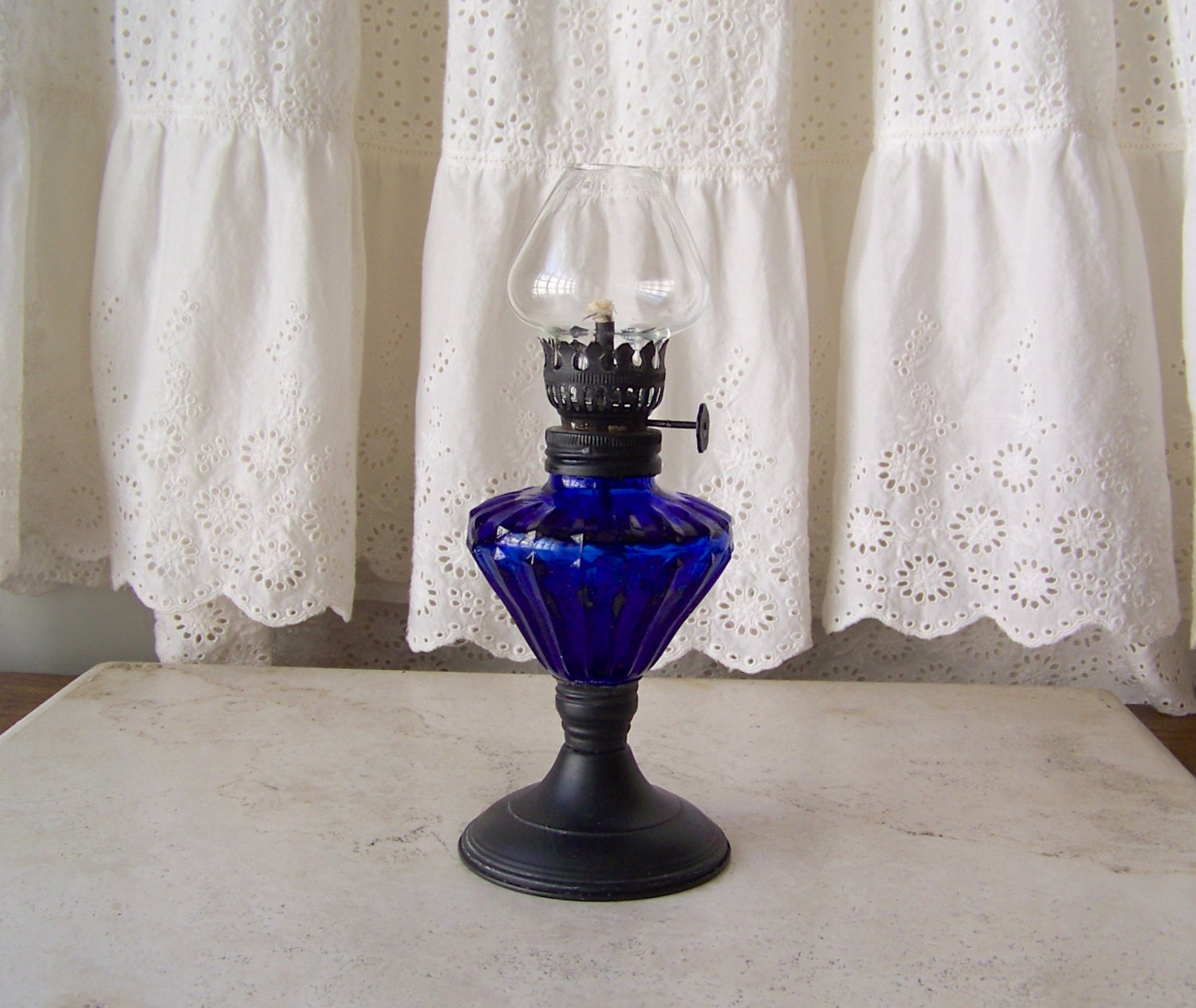 Vintage Oil Lamp Cobalt Blue Glass Miniature Lamp by cynthiasattic