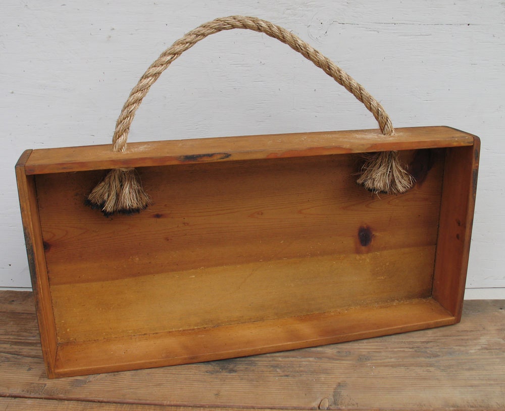 Vintage Wood Shelf Box with Rope Handle Primitive Box