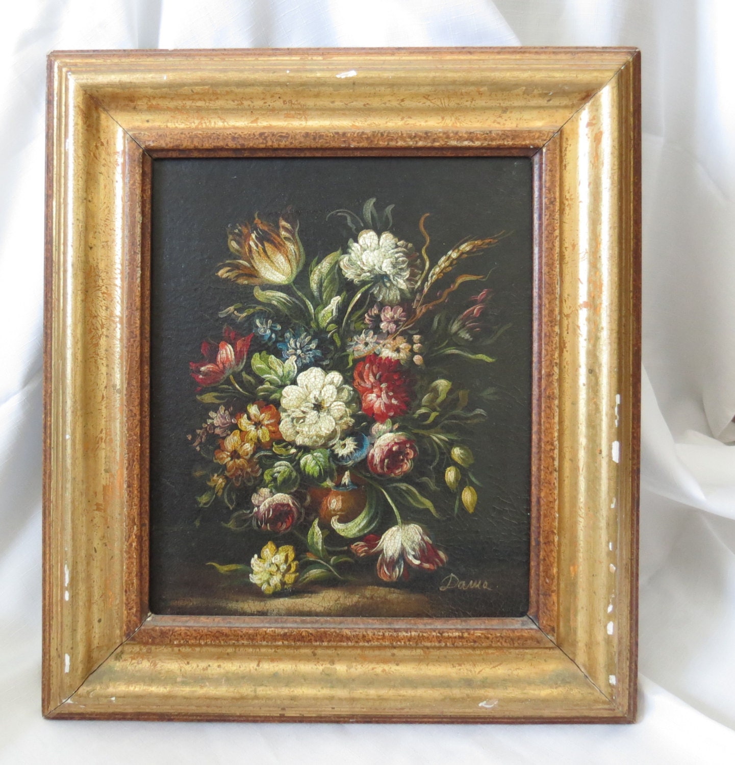 Antique Floral Oil Painting Framed Original Signed Dama